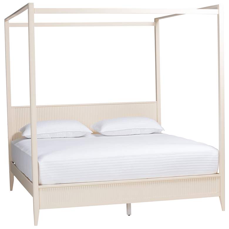 Image 1 Baxton Studio Primrose Mid-Century Ivory Fluted Wood King Size Canopy Bed