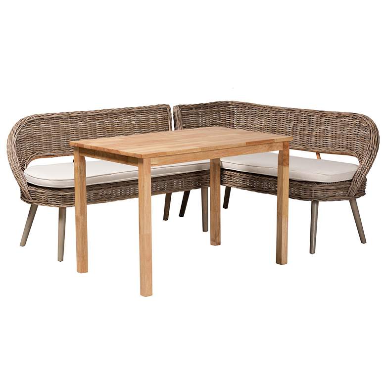 Image 1 Baxton Studio Raisa Rattan Bench and Wood Table 3-Piece Dining Nook Set
