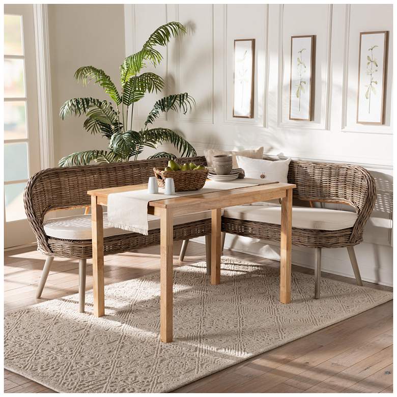 Image 2 Baxton Studio Raisa Rattan Bench and Wood Table 3-Piece Dining Nook Set more views