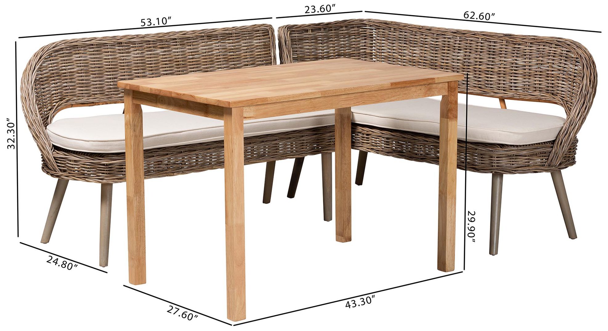 Baxton Studio Raisa Rattan Bench and Wood Table 3-Piece Dining Nook Set