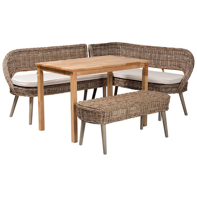 Image 1 Baxton Studio Raisa Rattan Bench and Wood Table 4-Piece Dining Nook Set
