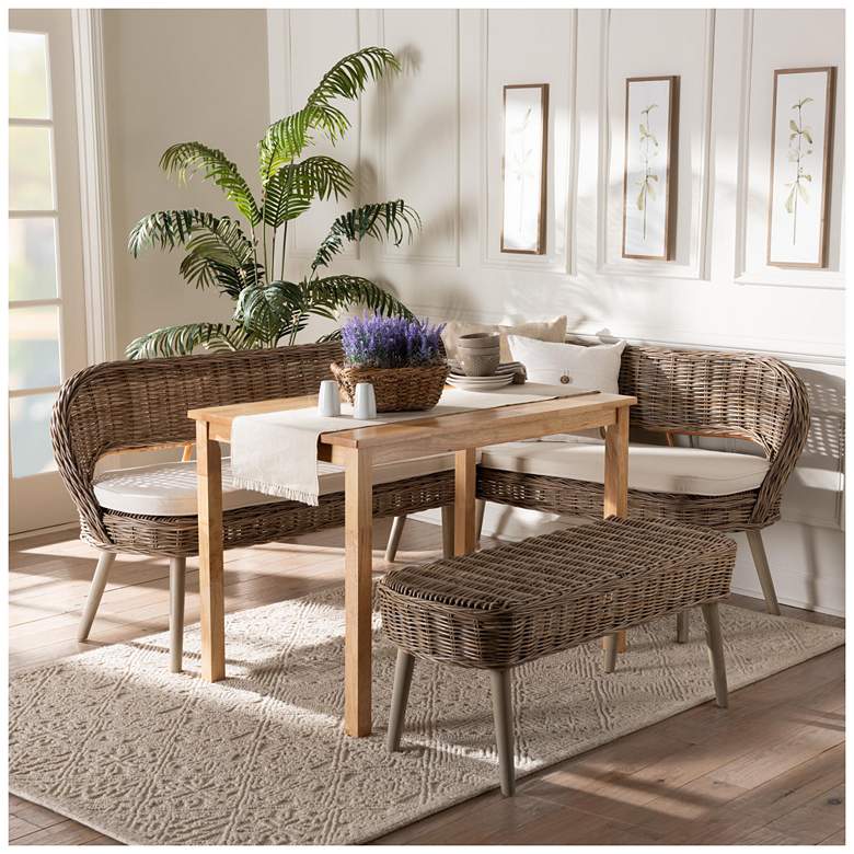 Image 2 Baxton Studio Raisa Rattan Bench and Wood Table 4-Piece Dining Nook Set more views