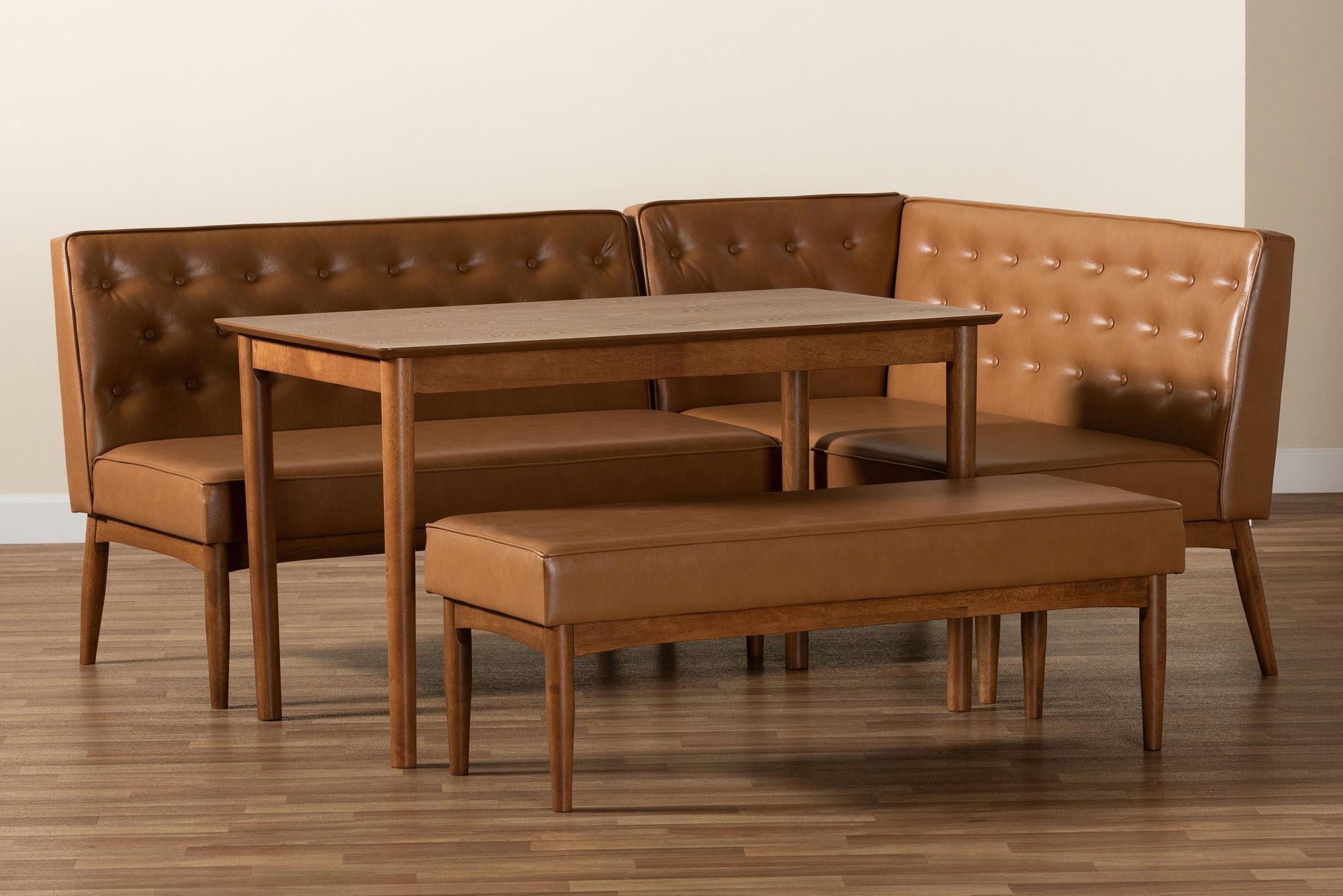 Baxton Studio Riordan Tan Faux Leather Modern 4-Piece Dining Nook Set in scene