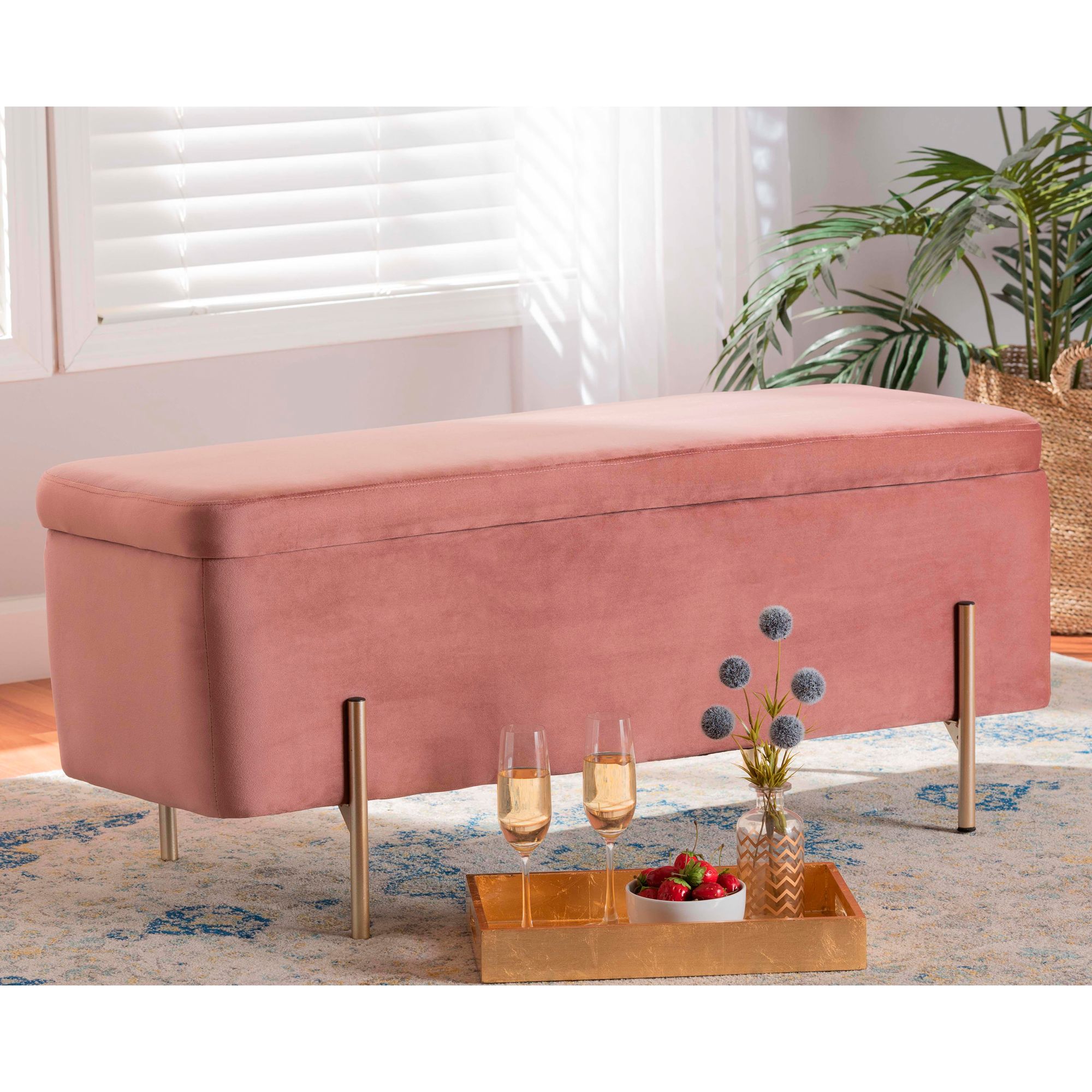 Baxton Studio Rockwell Blush Pink Velvet Storage Bench 053J3