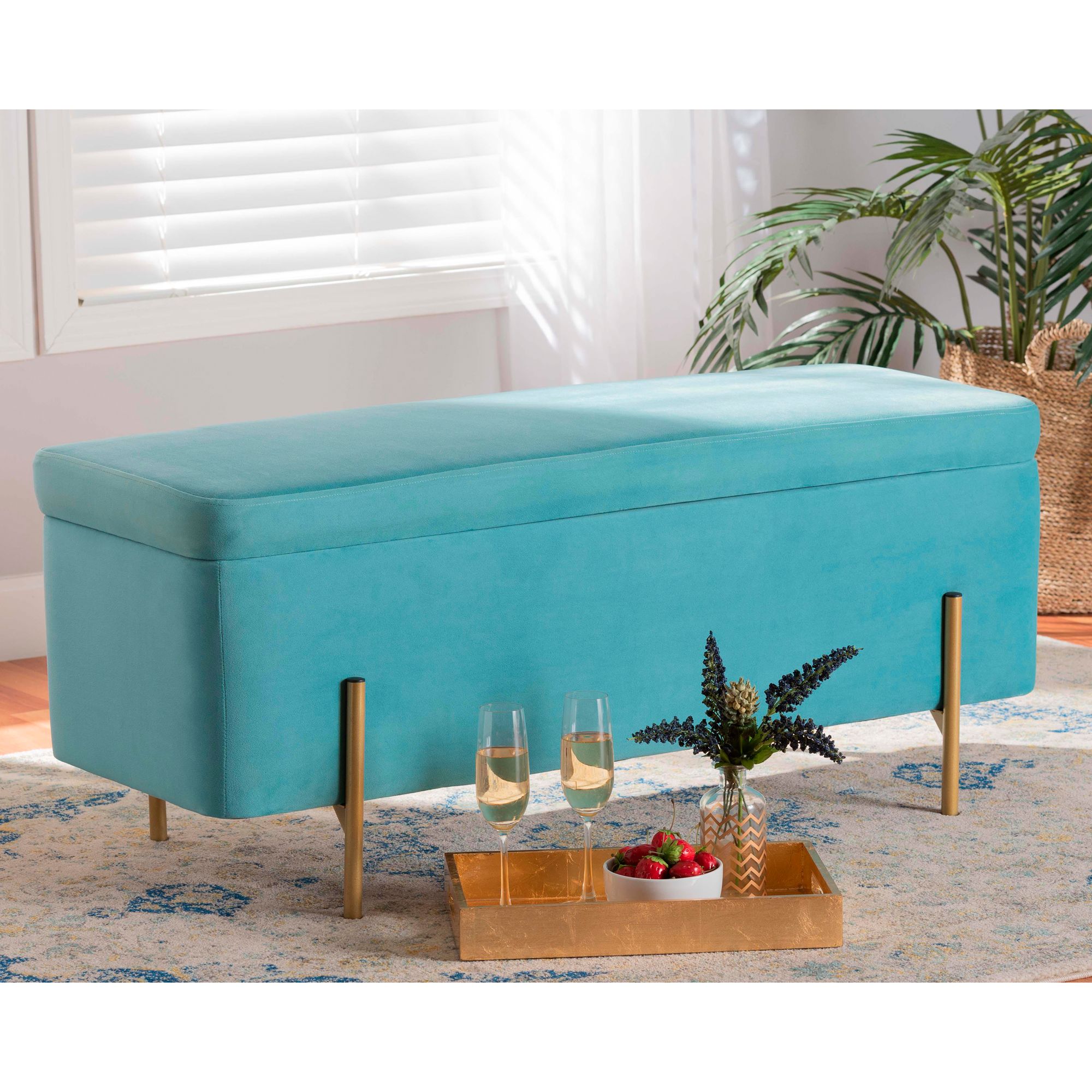 Baxton Studio Rockwell Sky Blue Velvet Storage Bench 054J3