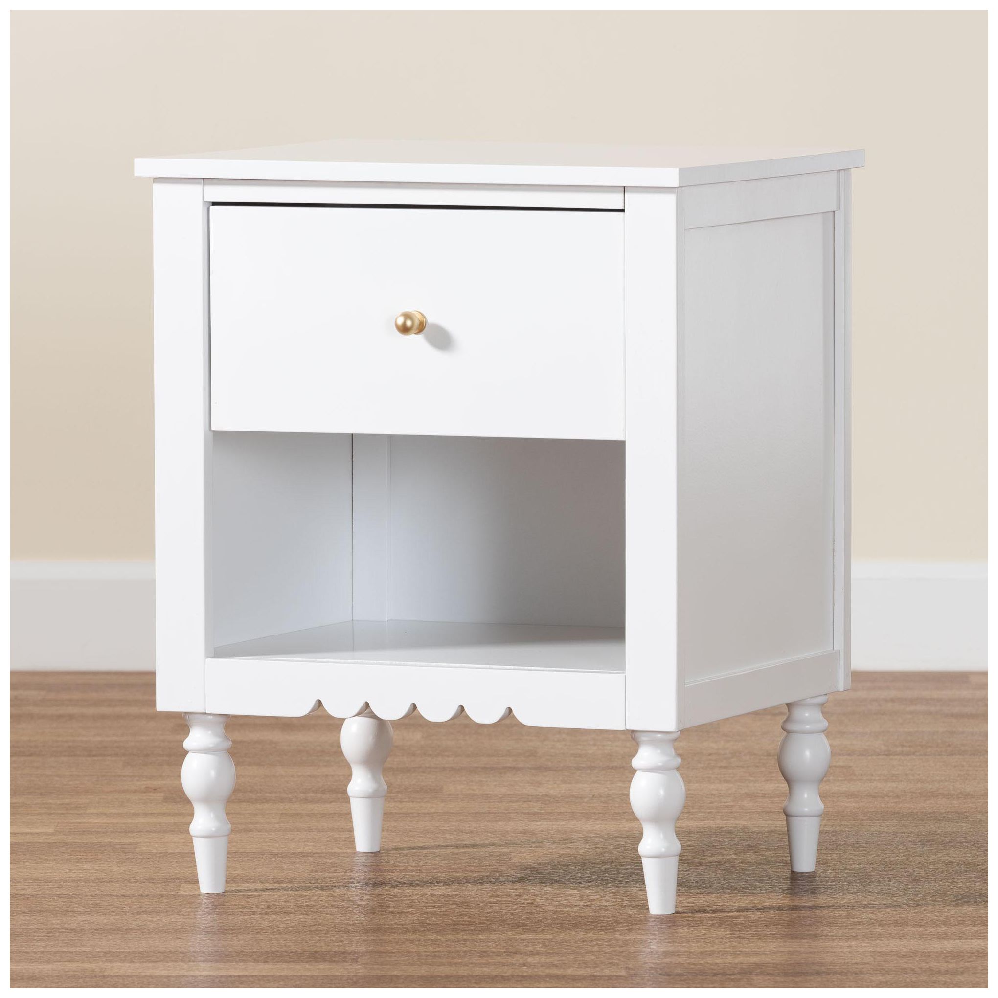 Baxton Studio Roni Modern Scalloped White Wood 1-Drawer Nightstand