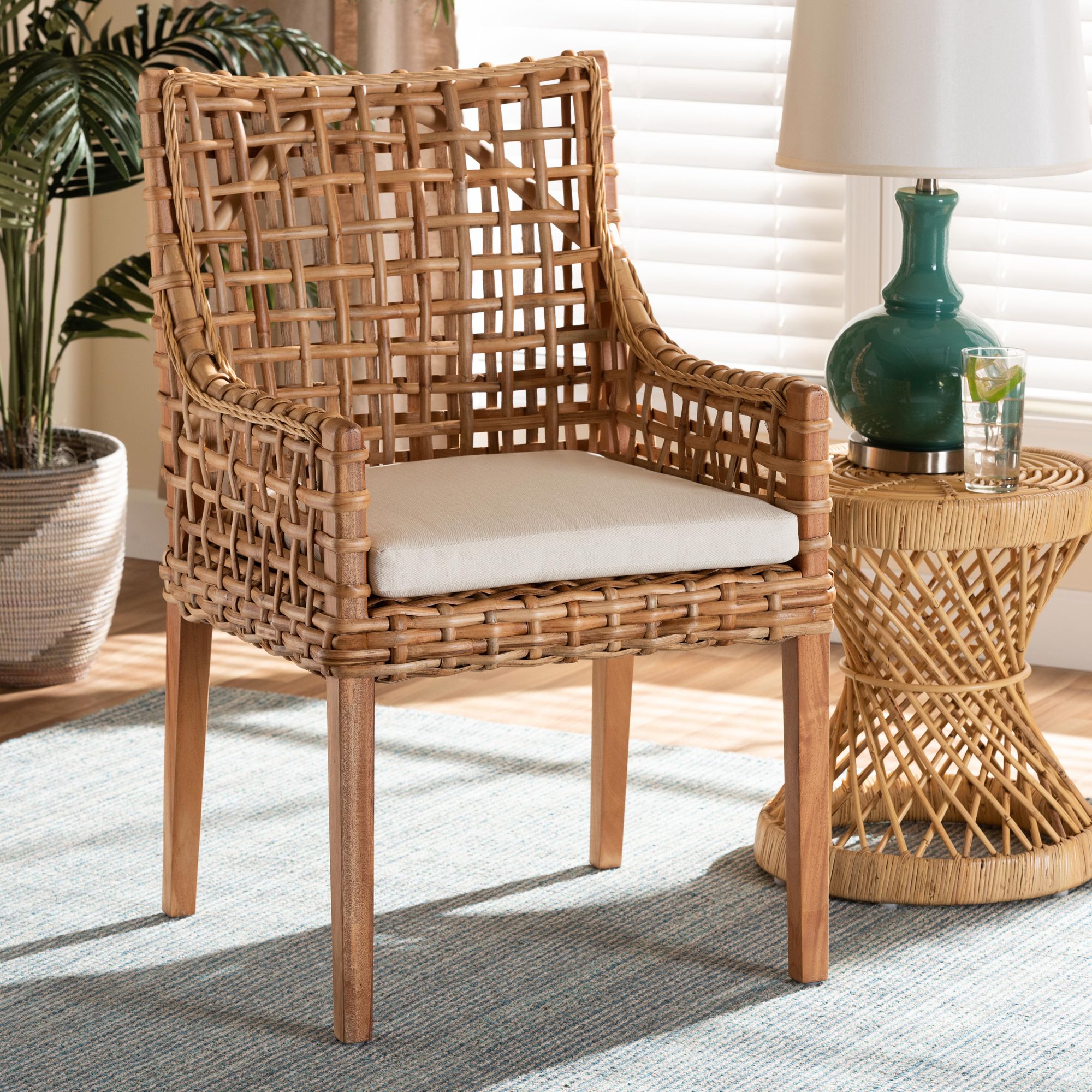 Baxton Studio Saoka Natural Brown Wood and Rattan Armchair