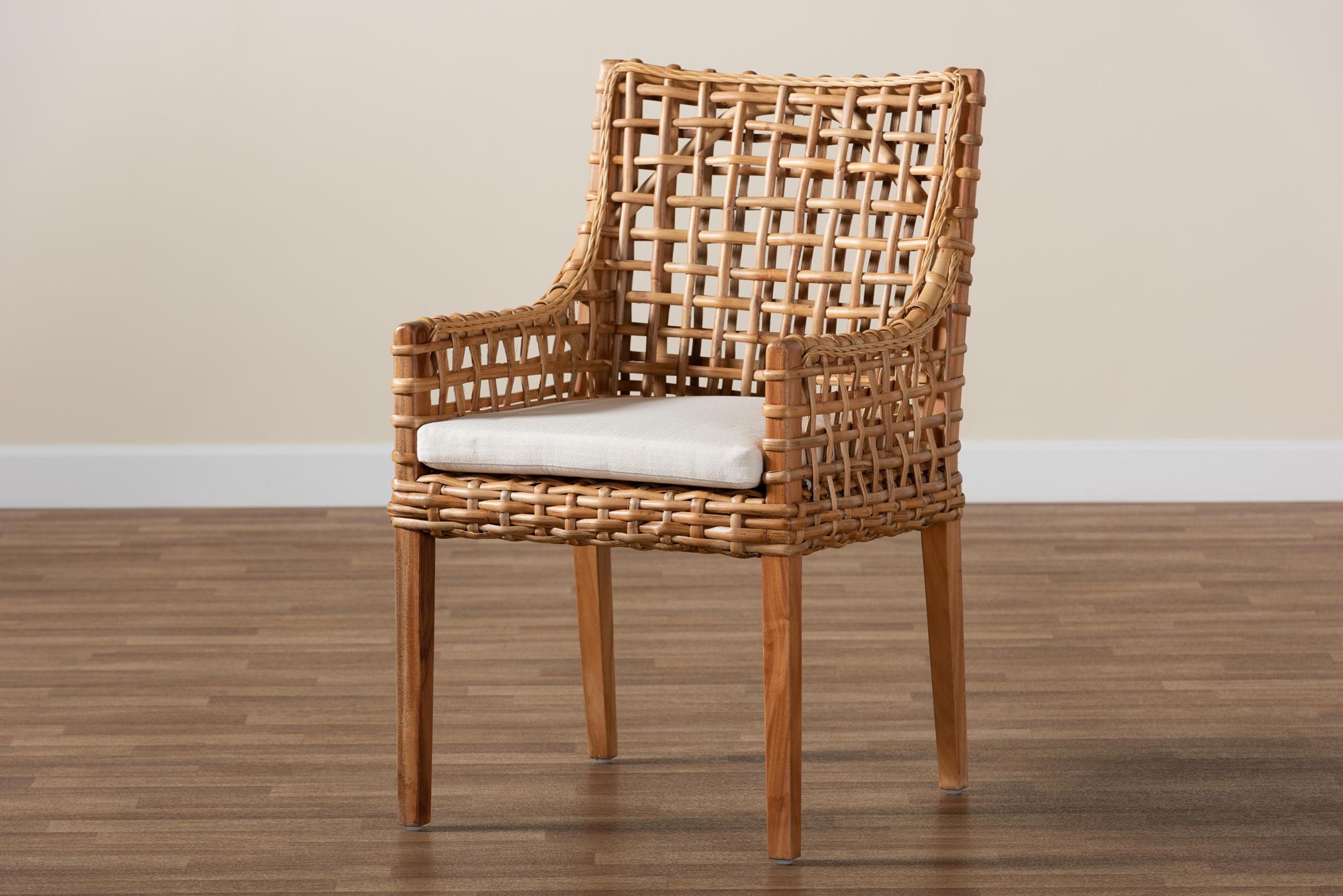 Baxton Studio Saoka Natural Brown Wood and Rattan Armchair