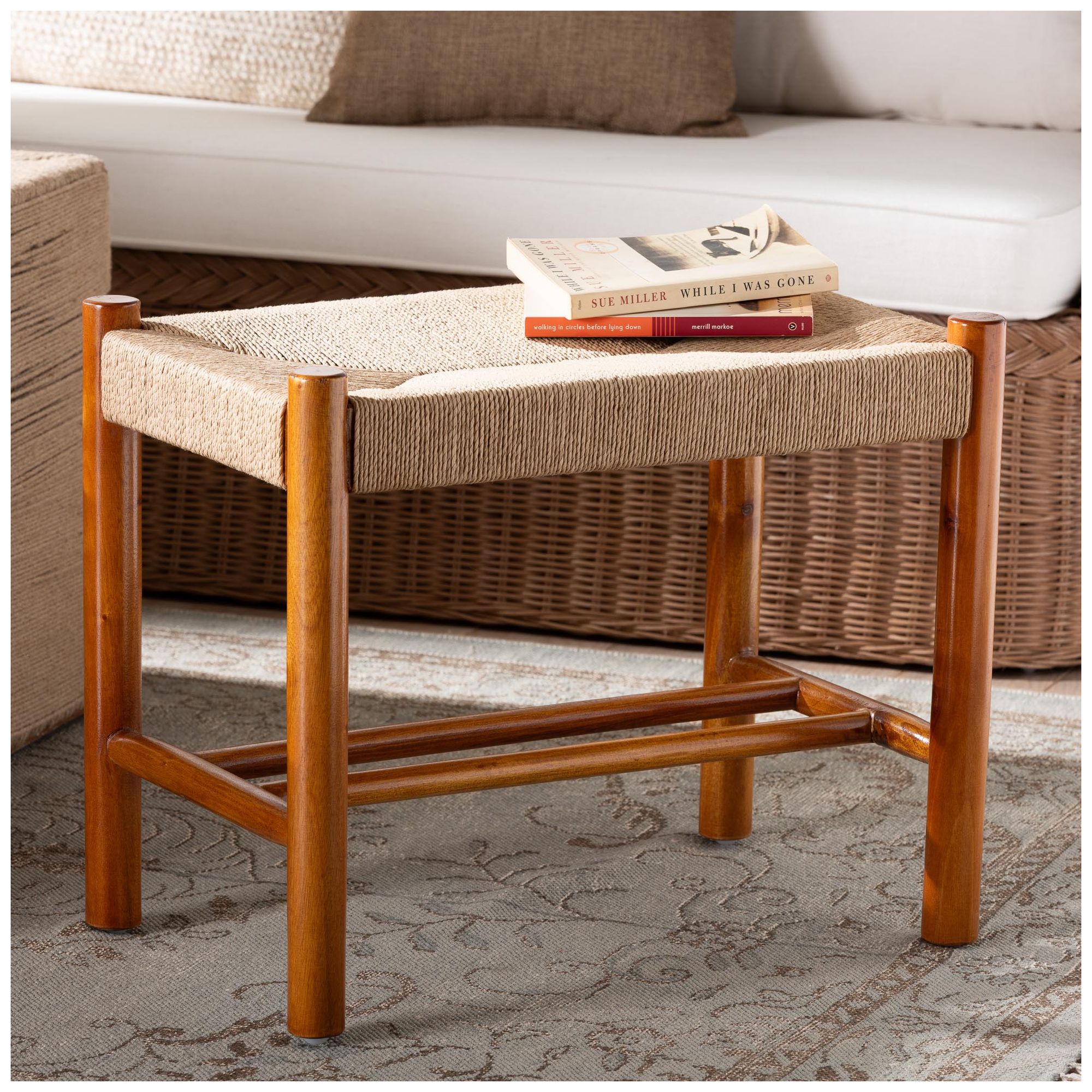 Image 2 Baxton Studio Saura Oak Brown Finished Wood and Hemp Accent Bench more views