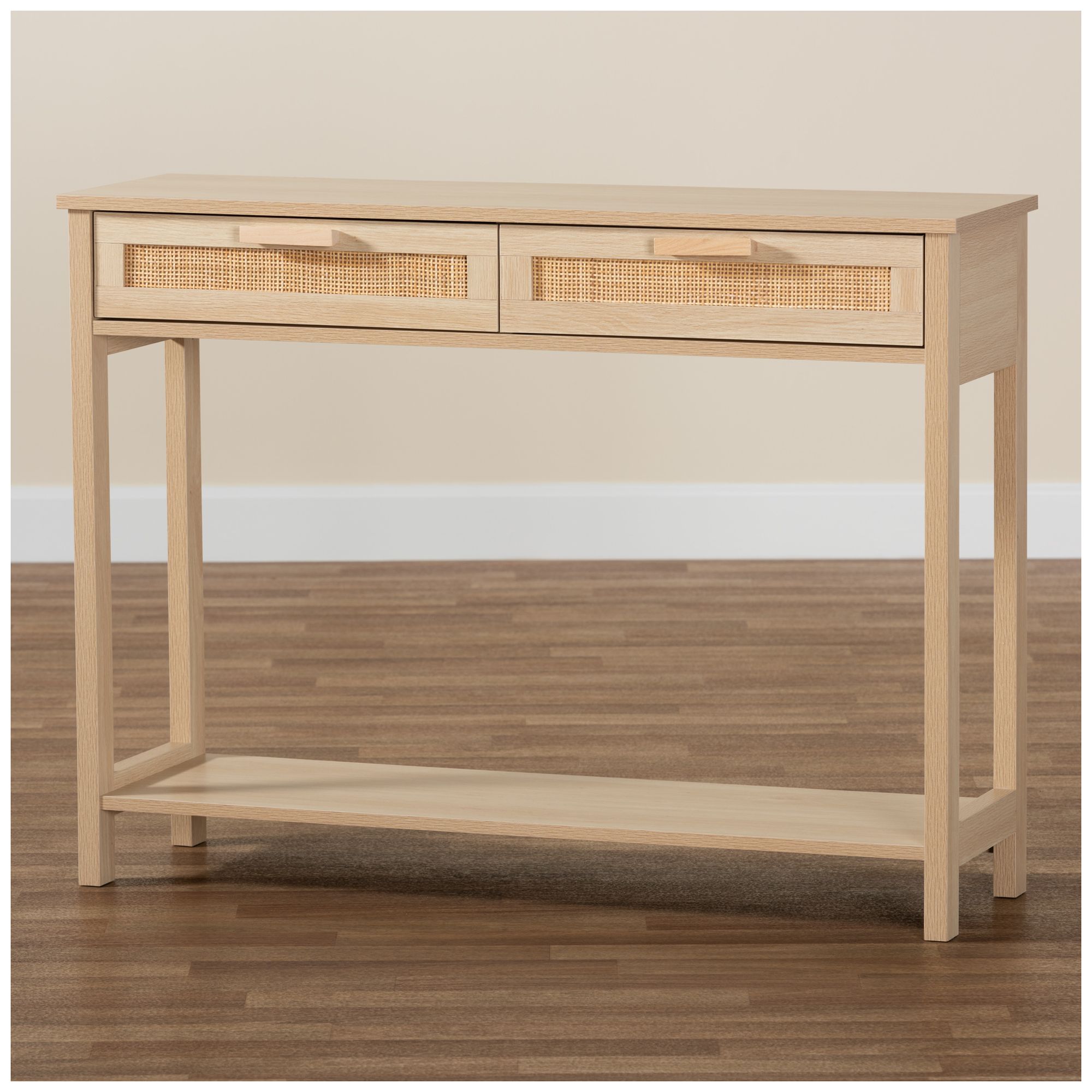 Baxton Studio Sebille Wood 2-Drawer Console Table with Natural Rattan