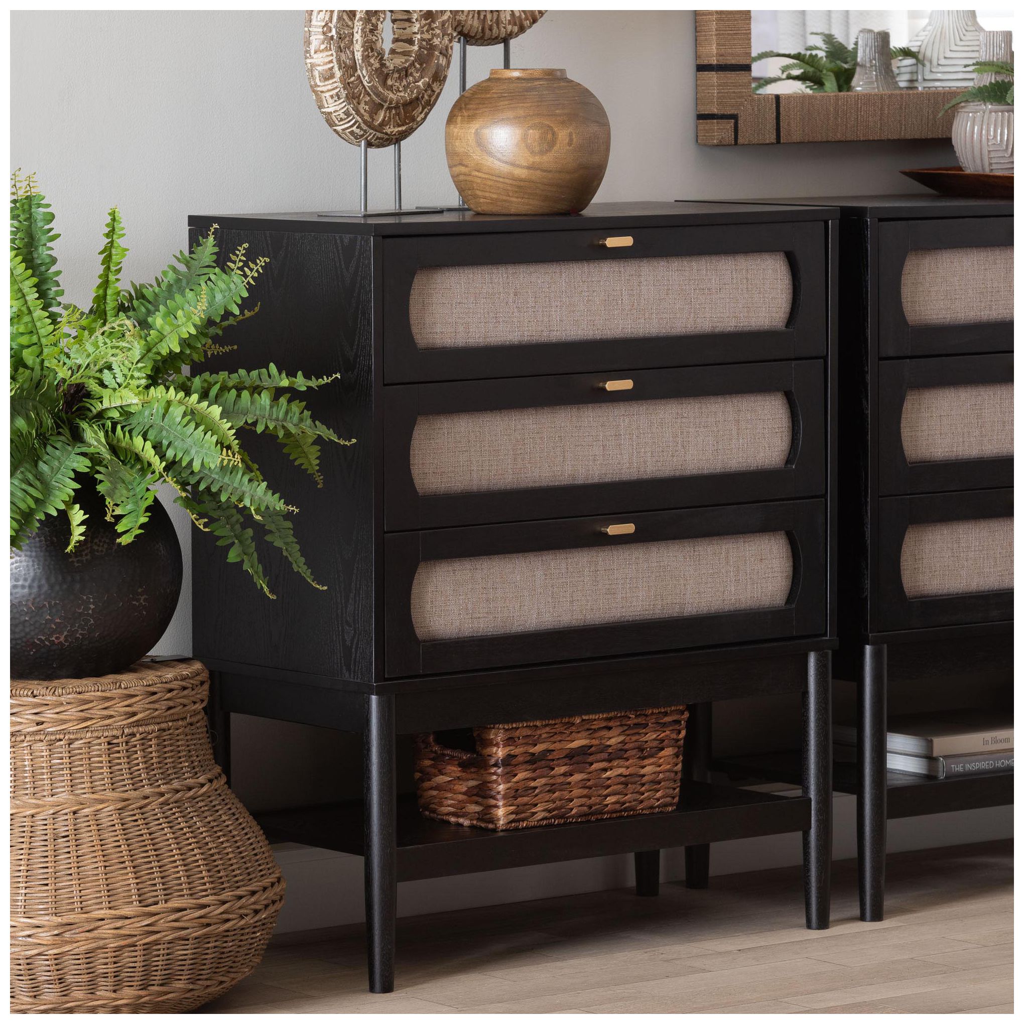 Image 2 Baxton Studio Shirin Mid-Century Beige Fabric and Black Wood 3-Drawer Chest more views