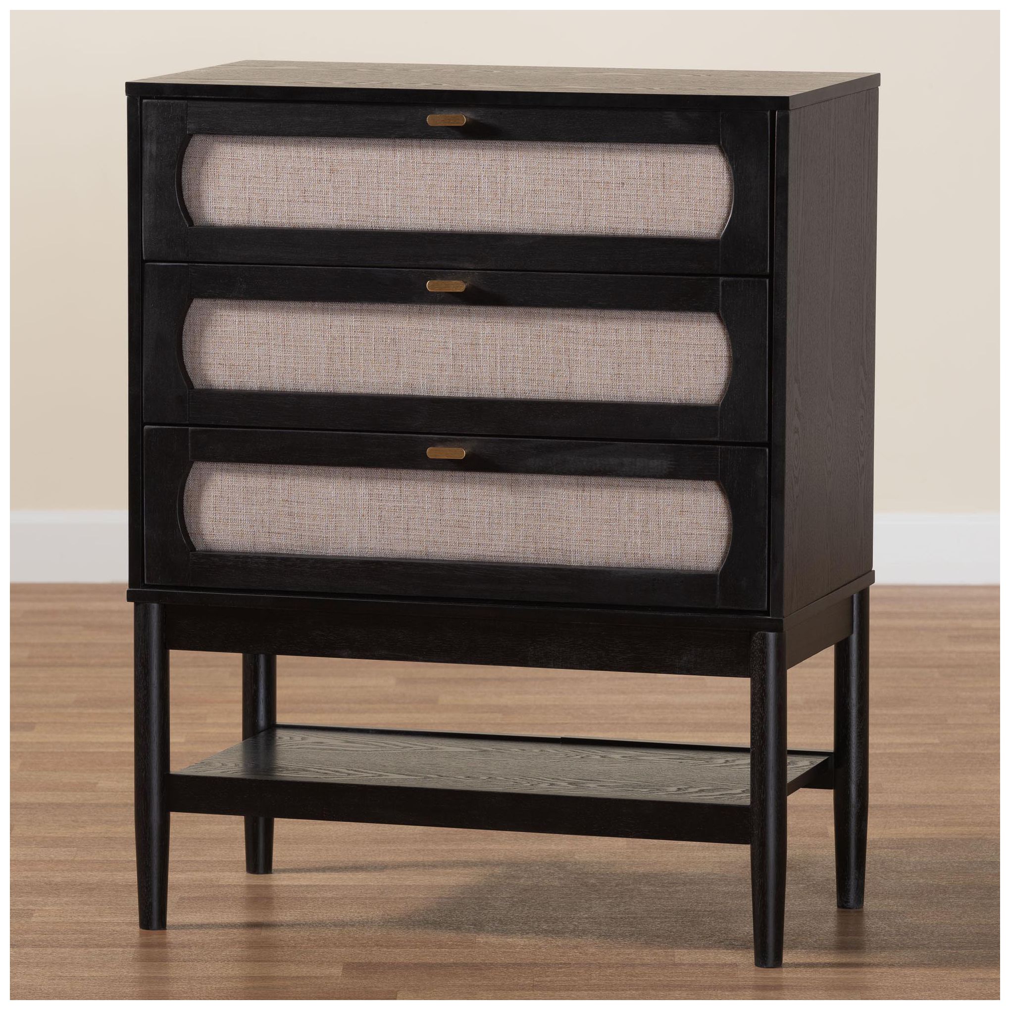 Baxton Studio Shirin Mid-Century Beige Fabric and Black Wood 3-Drawer Chest