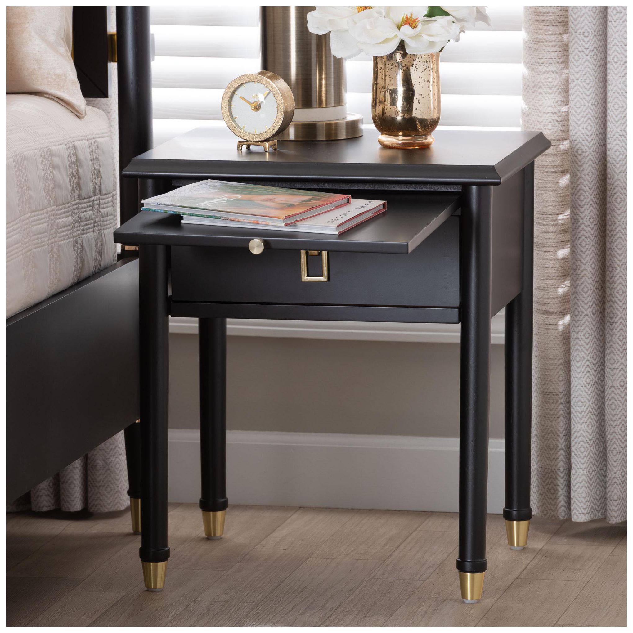 Baxton Studio Tamra Black Wood Nightstand with Pullout Shelf