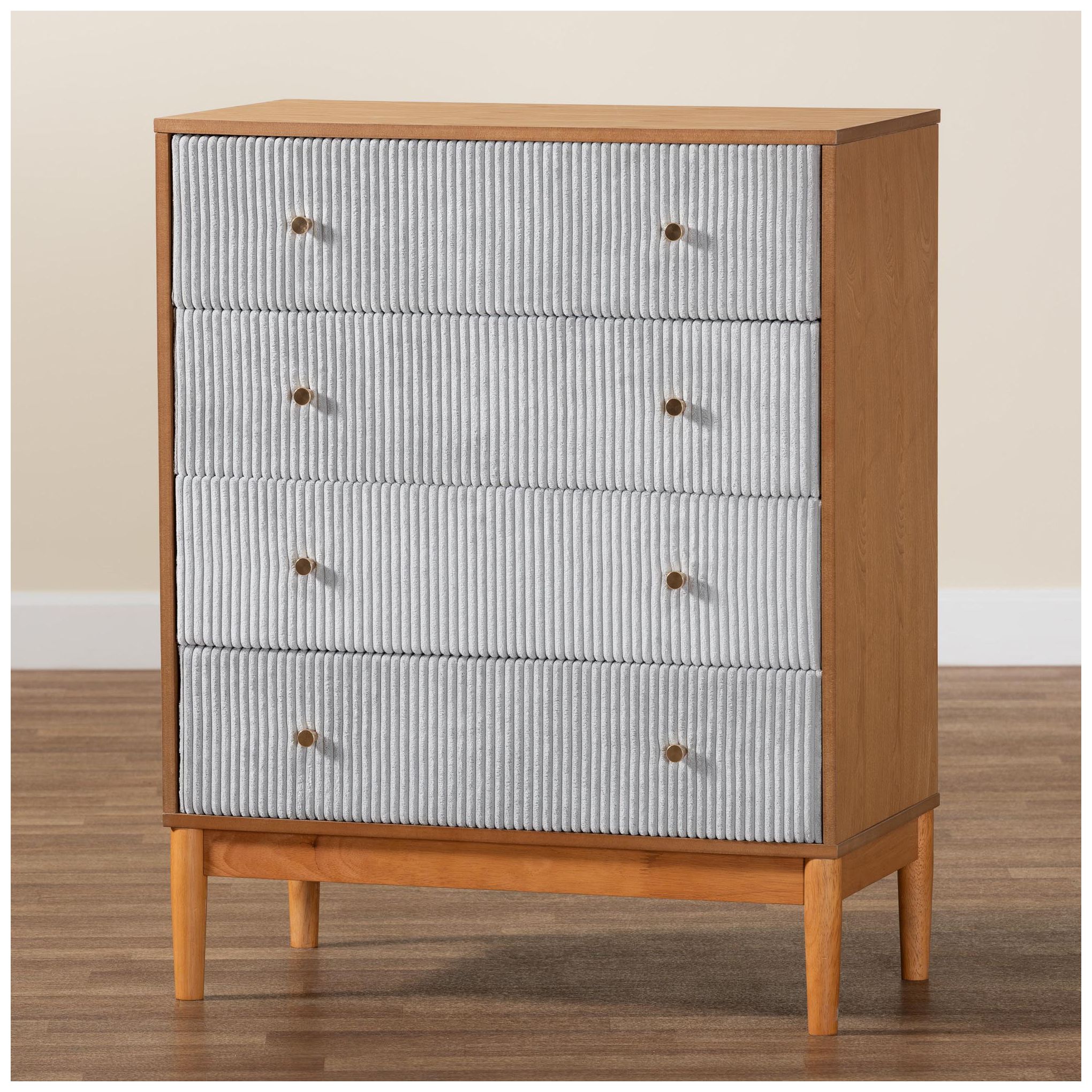 Baxton Studio Taylin Grey Corduroy and Oak Brown Wood 4-Drawer Chest