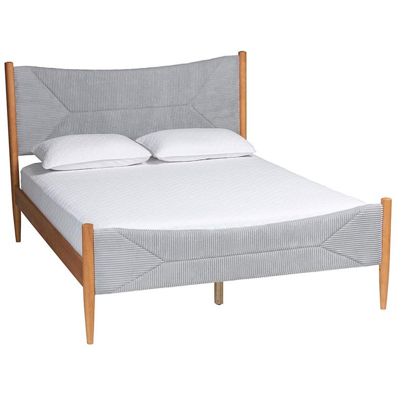 Image 2 Baxton Studio Taylin Mid-Century Grey Corduroy and Oak Brown Wood Queen Bed