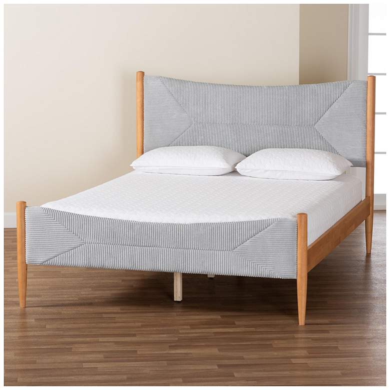 Image 1 Baxton Studio Taylin Mid-Century Grey Corduroy and Oak Brown Wood Queen Bed