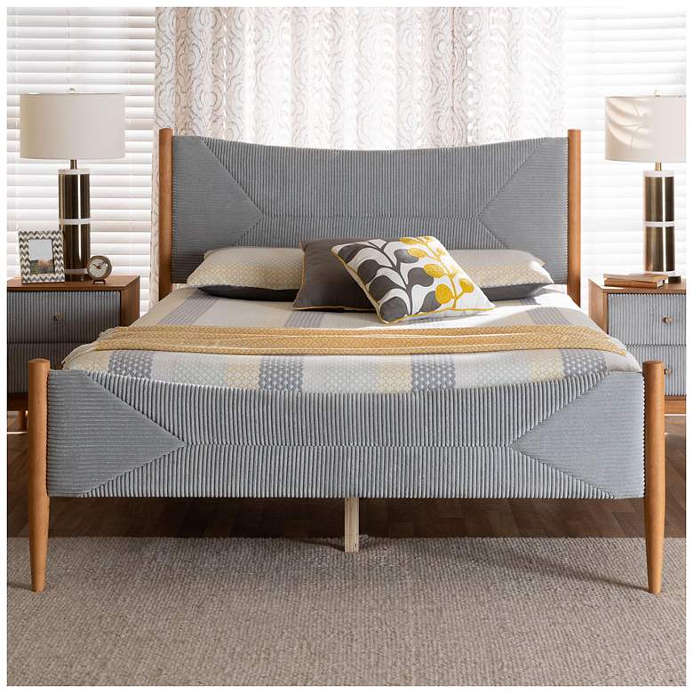 Image 3 Baxton Studio Taylin Mid-Century Grey Corduroy and Oak Brown Wood Queen Bed more views
