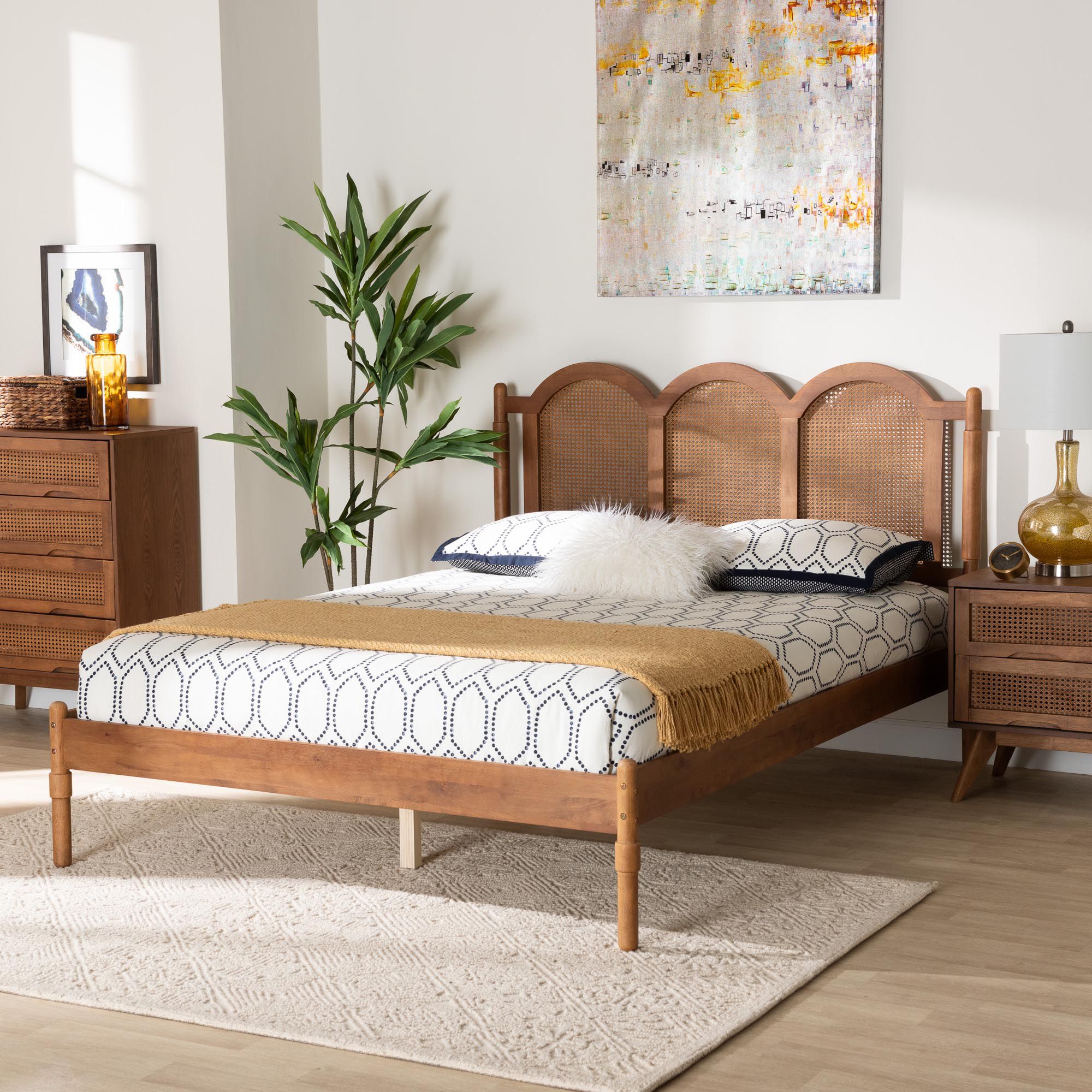 Baxton Studio Thatcher Queen Size Platform Bed with Woven Rattan