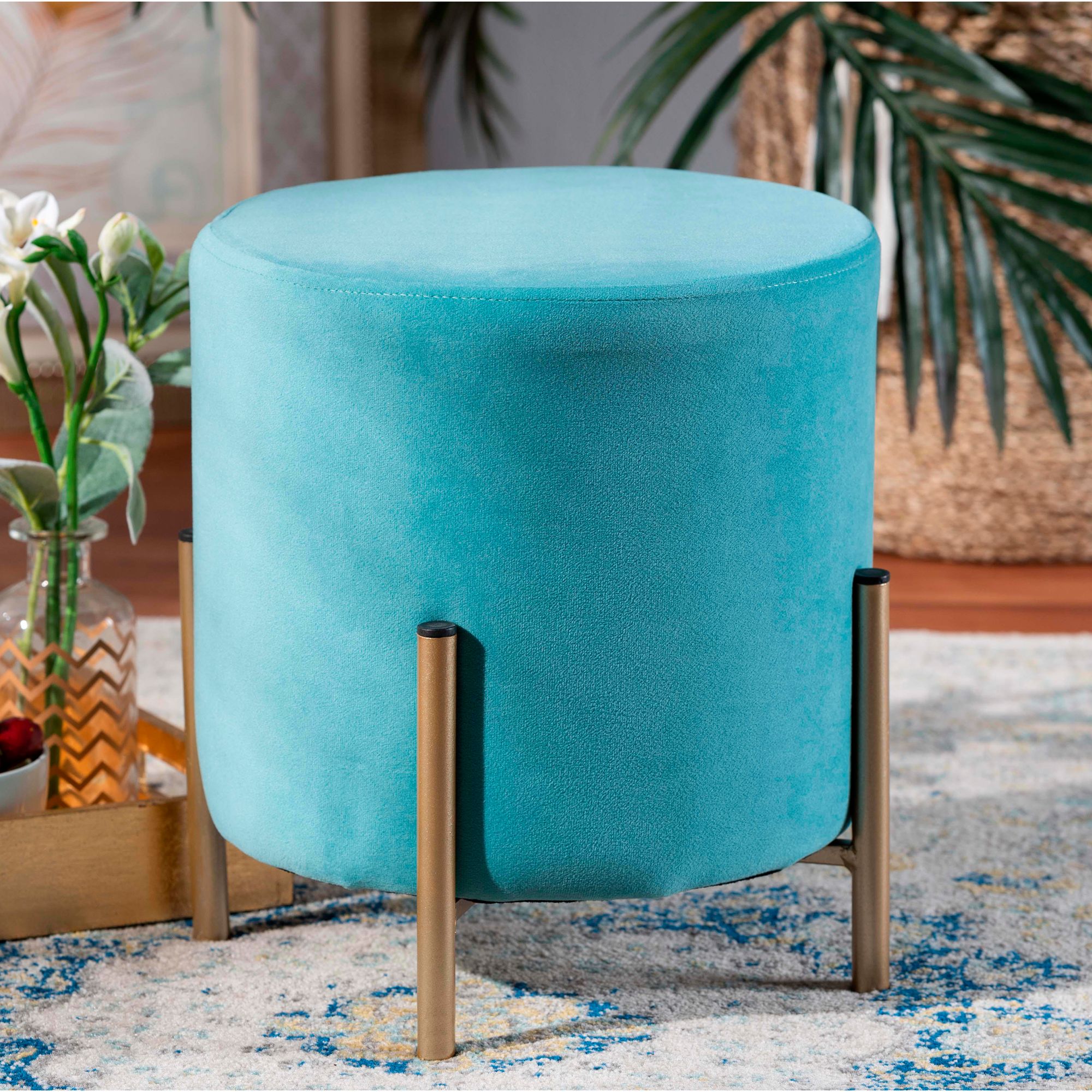 Baxton Studio Thurman Sky Blue Velvet Ottoman 061J3 Lamps Plus