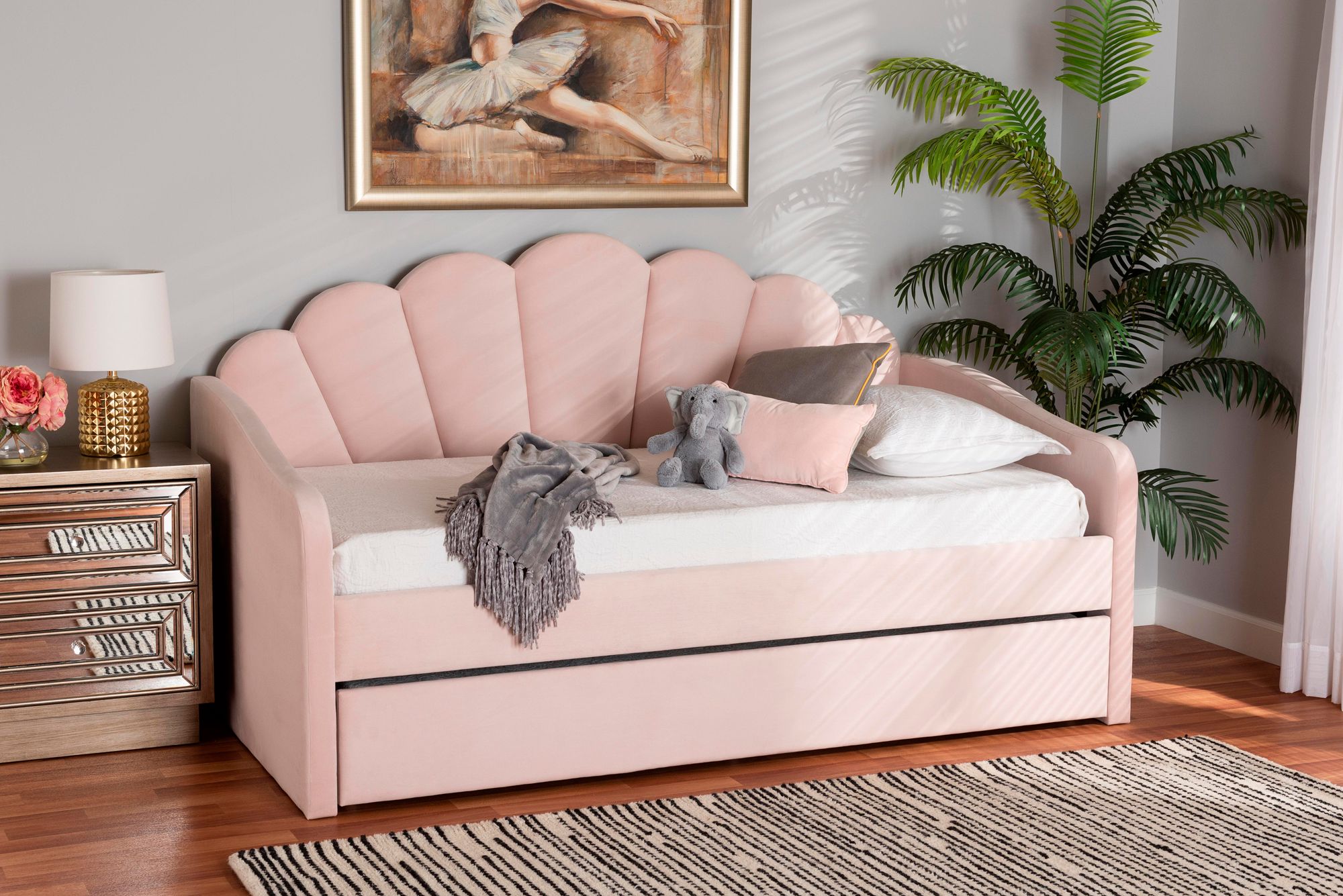 Baxton Studio Timila Light Pink Upholstered Full Size Daybed with Trundle