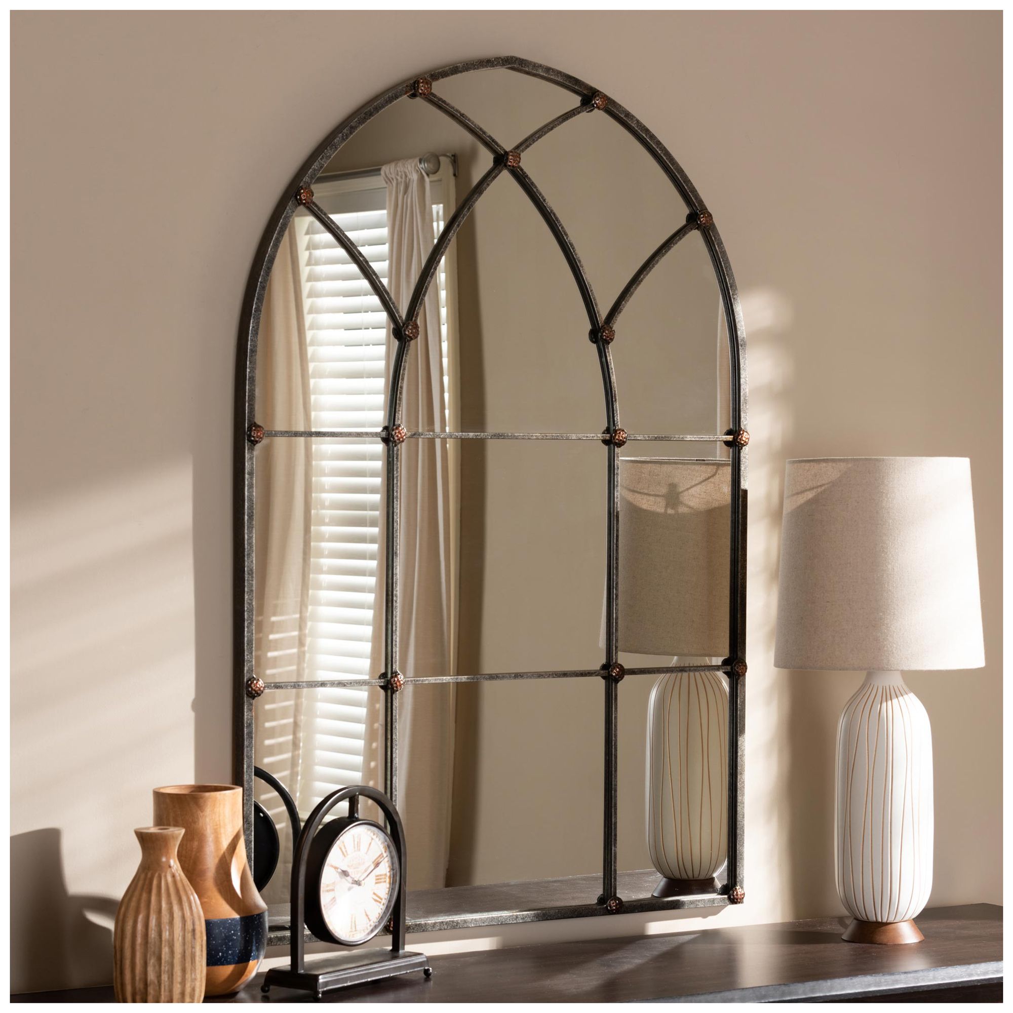 Image 2 Baxton Studio Tova Antique Silver Finished Arched Window Accent Wall Mirror more views