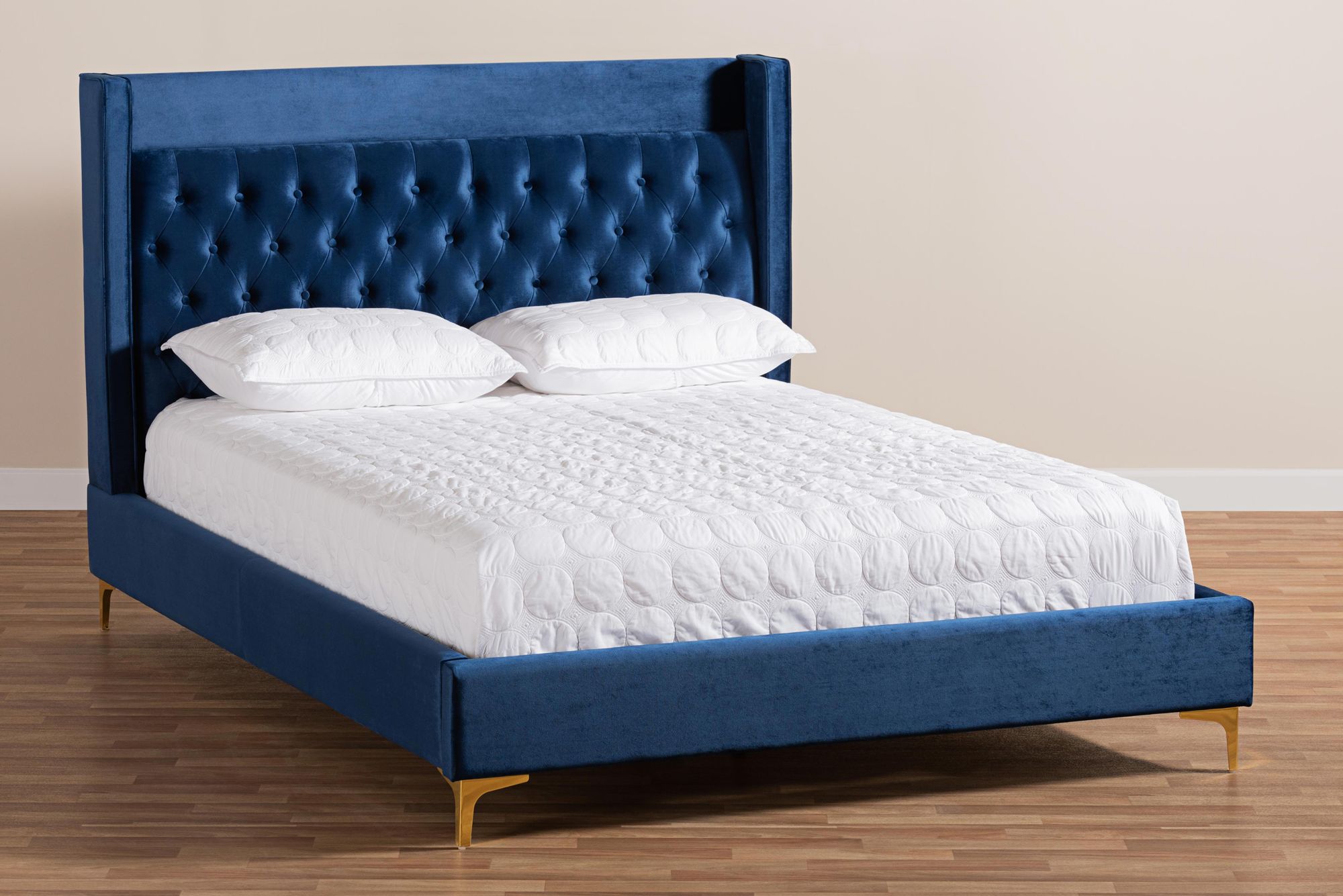 Baxton Studio Valery Navy Blue Velvet Queen Platform Bed 69H48