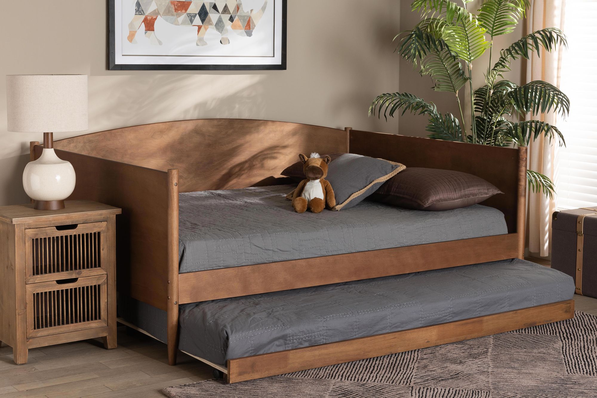 Baxton Studio Veles Ash Walnut Full Size Daybed with Trundle in scene