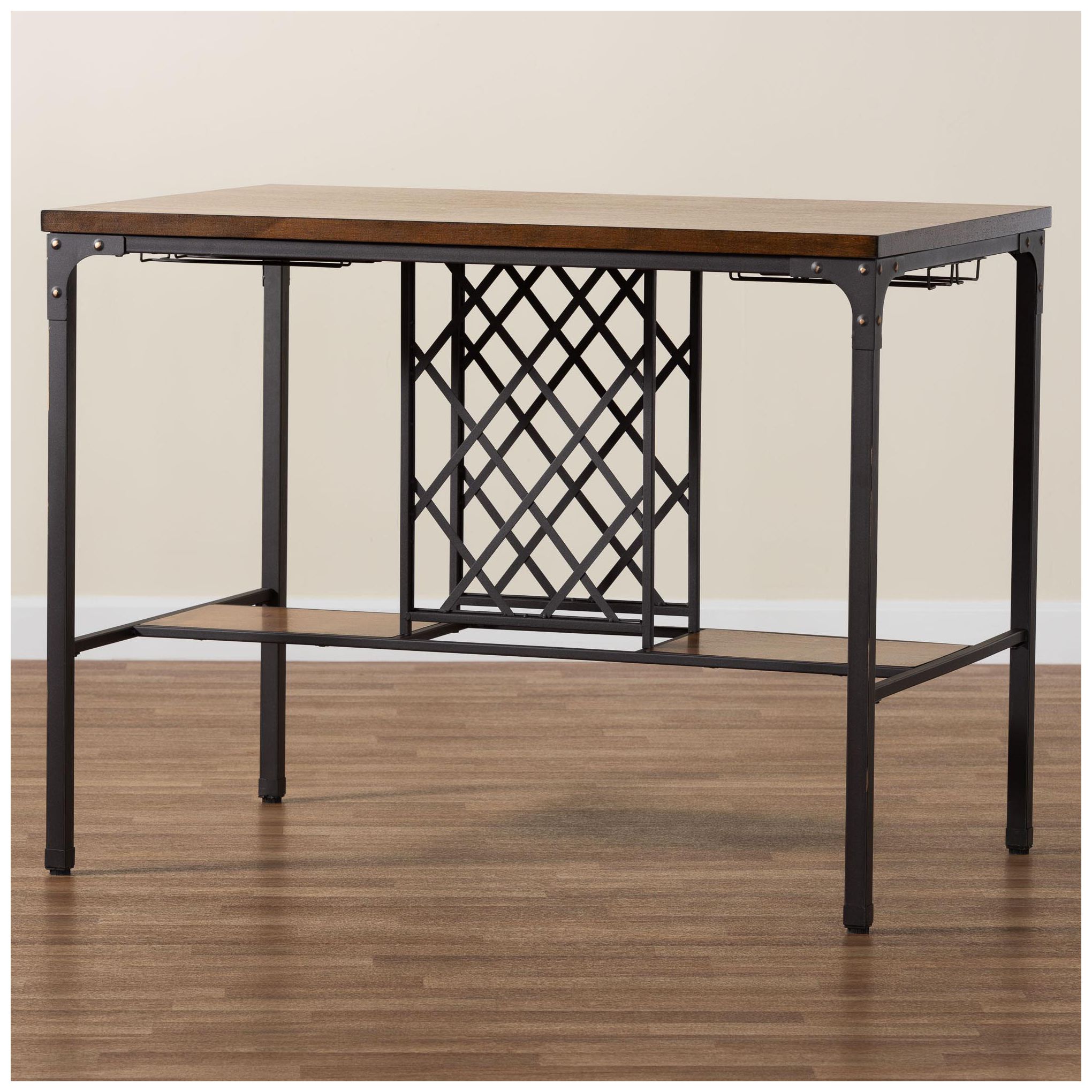 Baxton Studio Vintner Industrial Pub Table with Built-In Wine Cage
