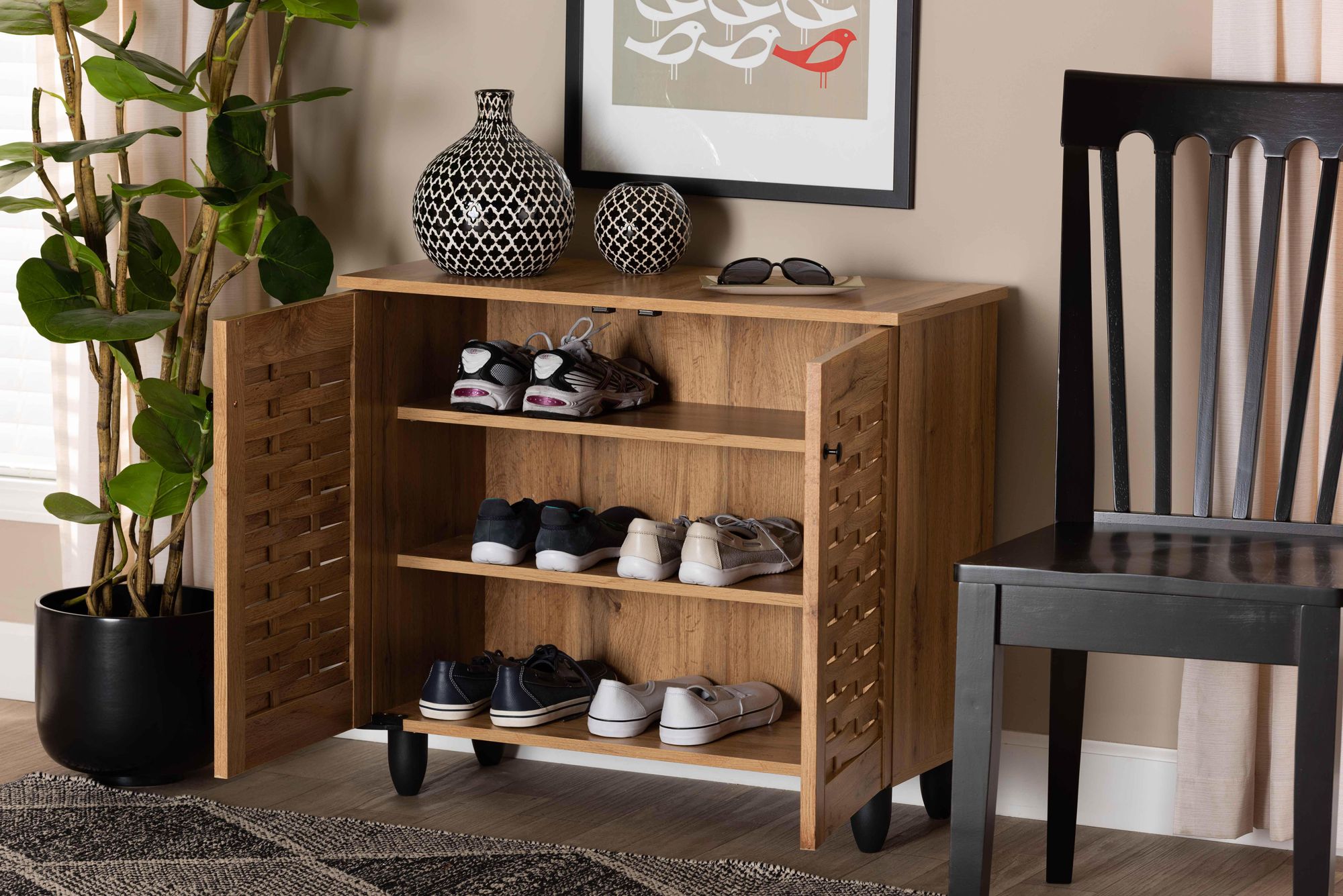 Baxton Studio Winda 30" Wide Oak Brown 2-Door Shoe Cabinet in scene