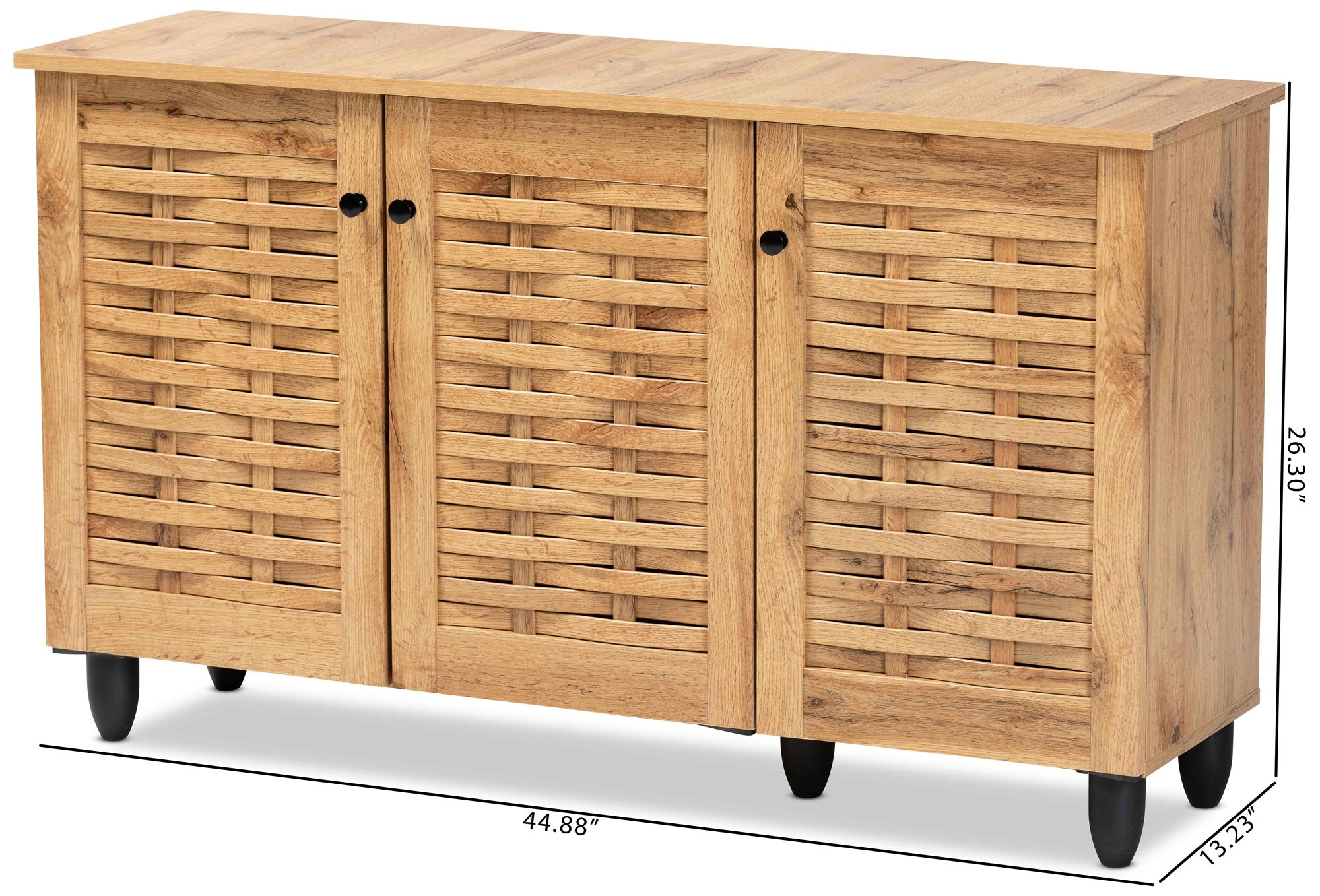 Baxton Studio Winda 45" Wide Oak Brown 3-Door Shoe Cabinet in scene