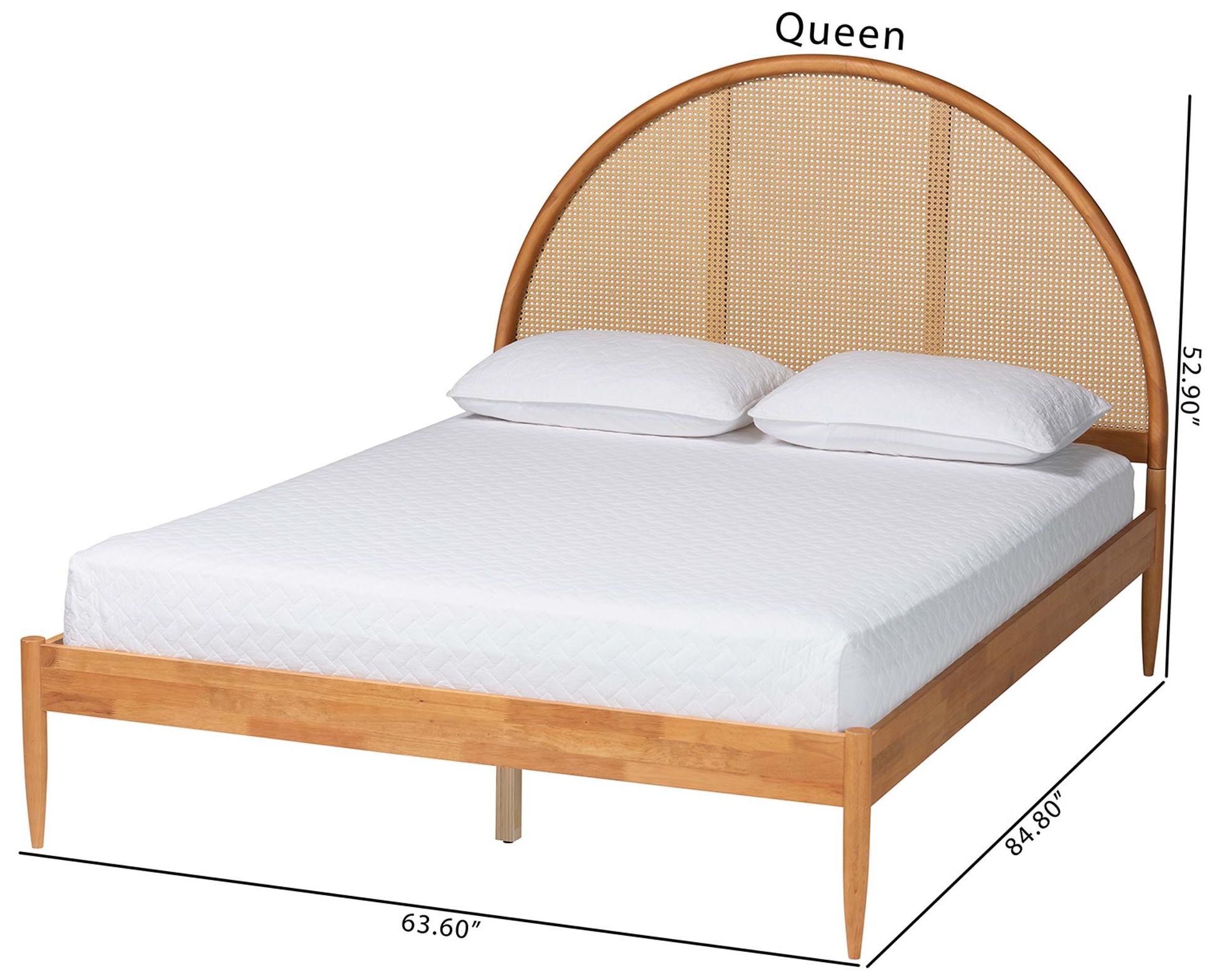 Baxton Studio Wrenley Japandi Oak Brown Wood Queen Bed with Antique Rattan