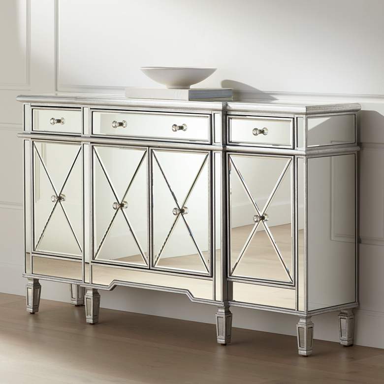 Image 1 Bayley 60" Wide 4-Door 3-Drawer Silver Mirrored Cabinet