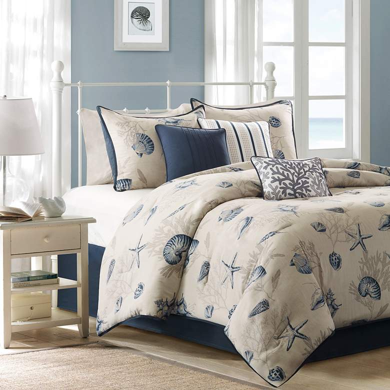Image 2 Bayside Blue Cotton Sateen Queen 7-Piece Comforter Set