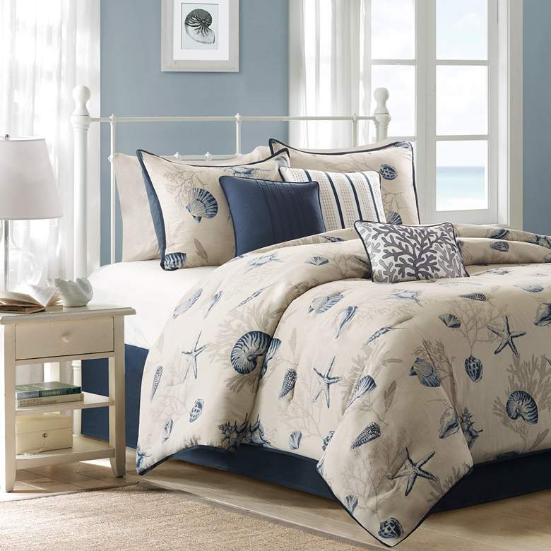 Image 1 Bayside Blue Cotton Sateen Queen 7-Piece Comforter Set