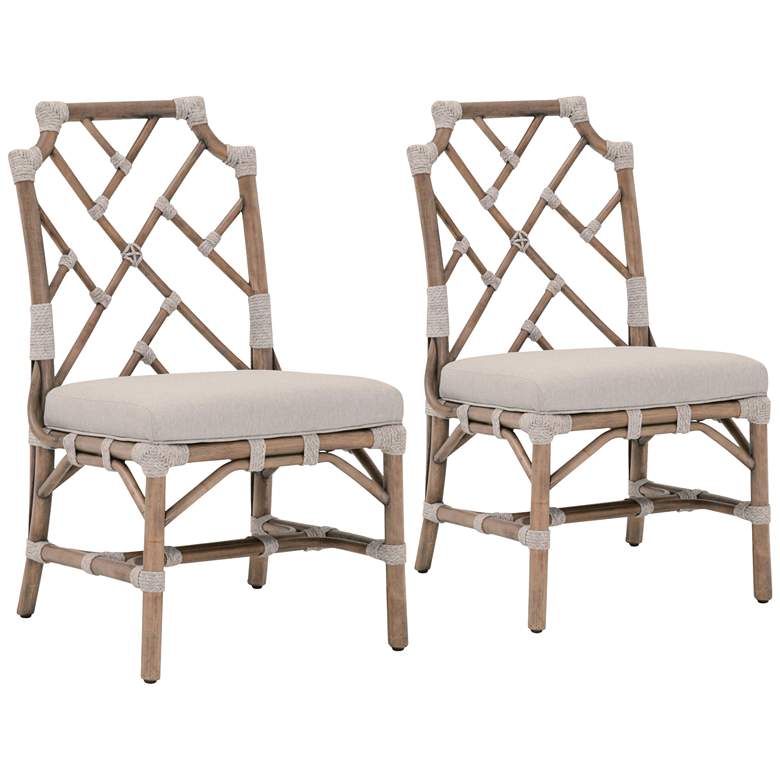 Bayview Coastal Style Old Gray Rattan Woven Dining Chairs Set of 2