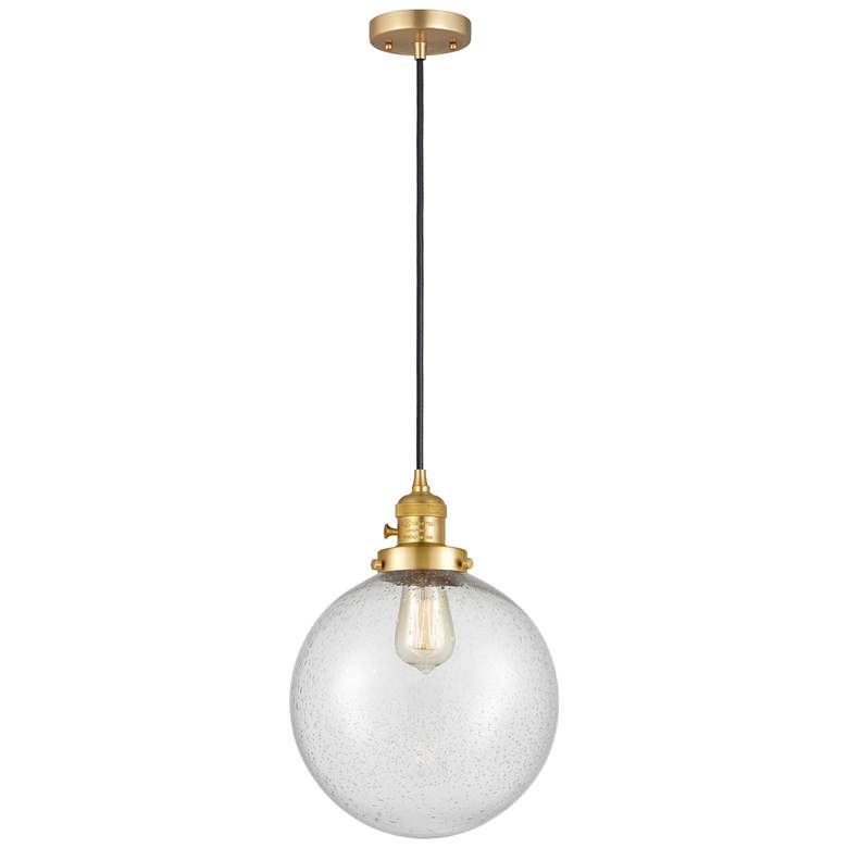 Image 1 Beacon 10" Wide Satin Gold Mini Pendant with Seedy Glass