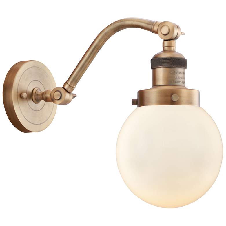 Image 1 Beacon 11 1/2" High Brushed Brass Wall Sconce w/ White Glass