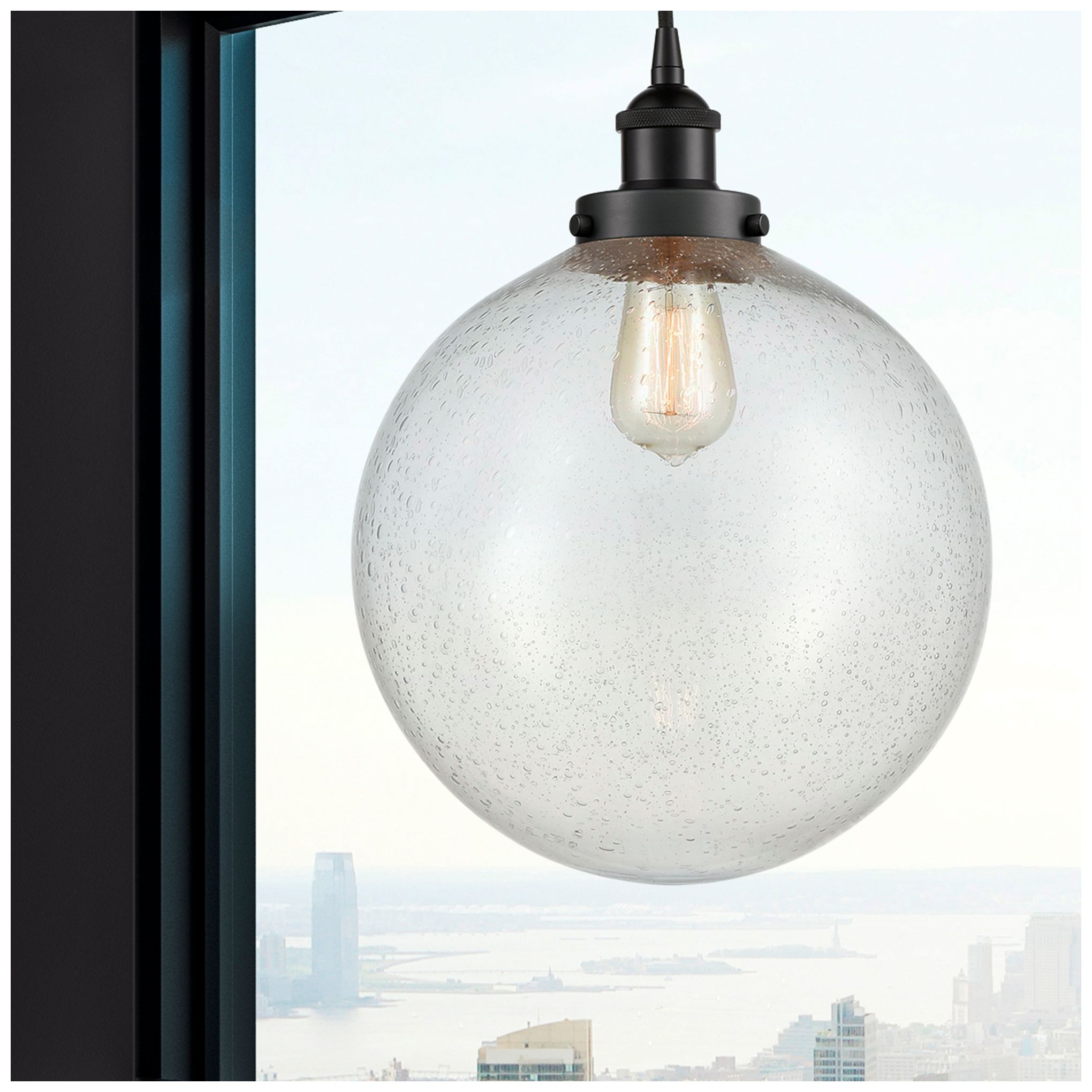 Image 2 Beacon 12" Wide Matte Black Mini Pendant with Seedy Shade more views