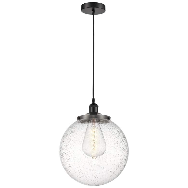 Image 1 Beacon 13.75" Wide Matte Black Corded Mini Pendant With Seedy Shade