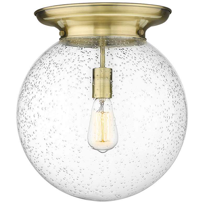 Image 1 Beacon 14" Wide Antique Brass Flush Mount With Seedy Glass Shade