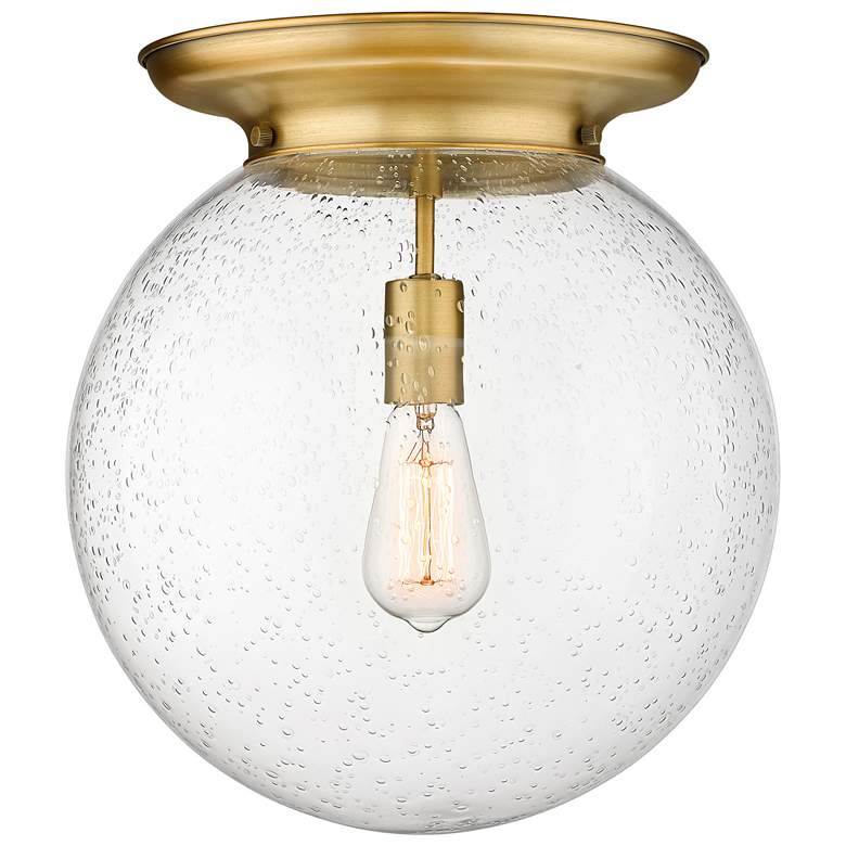 Image 1 Beacon 14" Wide Brushed Brass Flush Mount With Seedy Glass Shade