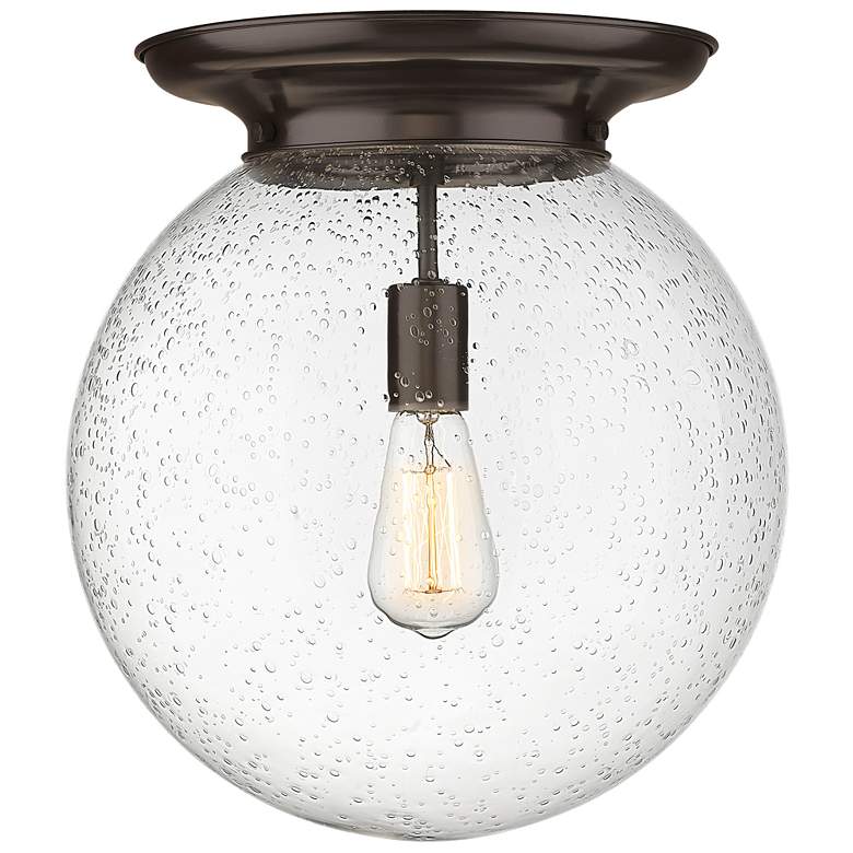 Image 1 Beacon 14" Wide Oiled Brass Flush Mount With Seedy Glass Shade