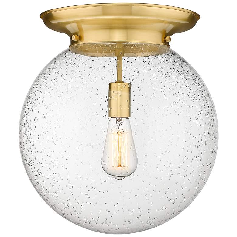 Image 1 Beacon 14" Wide Satin Gold Flush Mount With Seedy Glass Shade