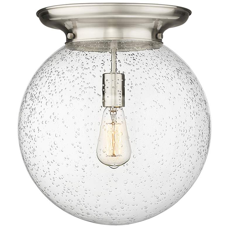 Image 1 Beacon 14" Wide Satin Nickel Flush Mount With Seedy Glass Shade