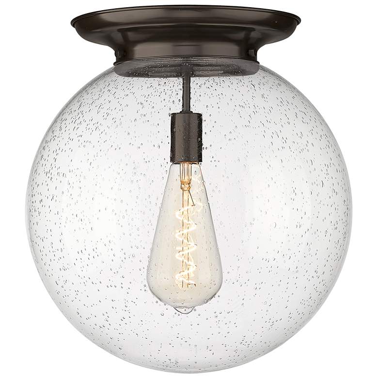 Image 1 Beacon 15.75" Wide Oiled Brass Flush Mount With Seedy Glass Shade