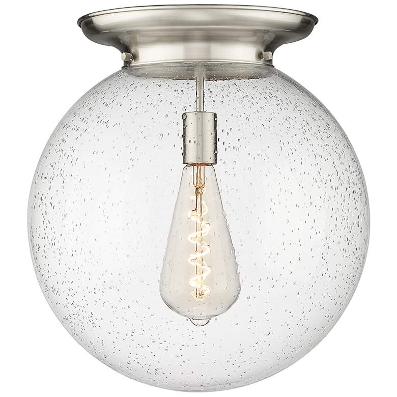Image 1 Beacon 15.75" Wide Satin Nickel Flush Mount With Seedy Glass Shade