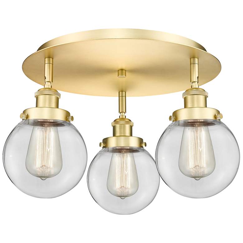 Image 1 Beacon 17.75" Wide 3 Light Satin Gold Flush Mount With Clear Glass Sha