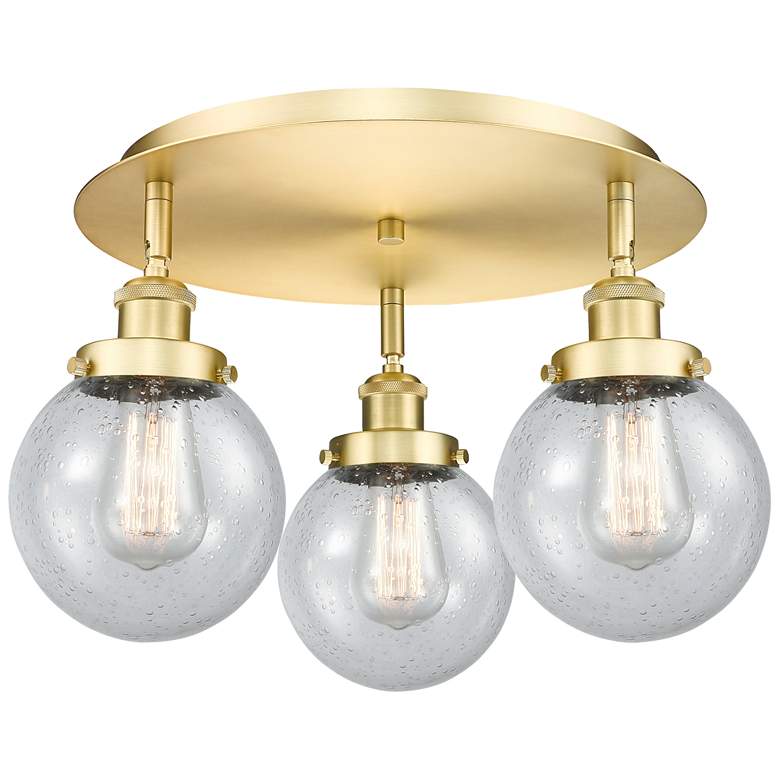 Image 1 Beacon 17.75" Wide 3 Light Satin Gold Flush Mount With Seedy Glass Sha