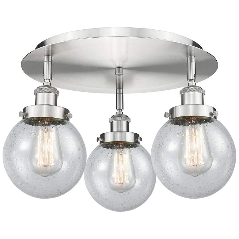 Image 1 Beacon 17.75" Wide 3 Light Satin Nickel Flush Mount With Seedy Glass S