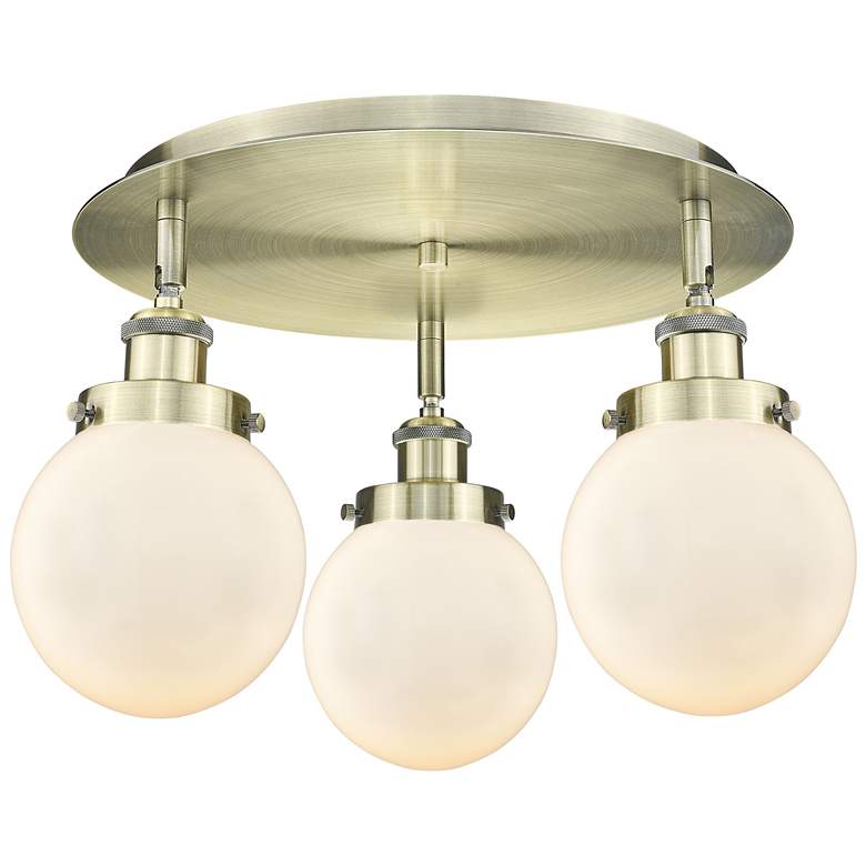 Image 1 Beacon 17.75"W 3 Light Antique Brass Flush Mount w/ Matte White Glass